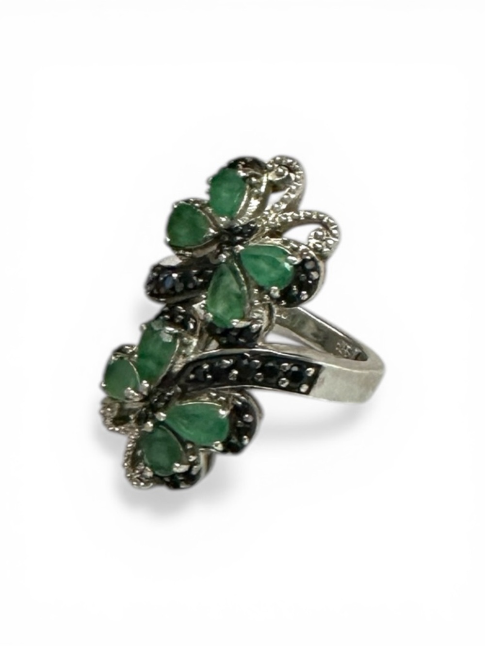 🦋 Rare Genuine Emerald & Black Spinel 925 Sterling Silver Butterfly Ring
